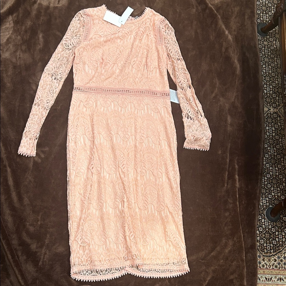 Love By Design Lace Long Sleeve Dress in Peach